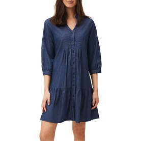 Model wearing Phase Eight Penele Swing Dress in blue denim, featuring V-neck, button front, pintuck detail, 3/4 sleeves and tiered hem