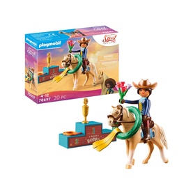 Playmobil Rodeo Pru DreamWorks Spirit set with cowgirl figure on horse, lasso, trophy podium, and 20 pieces, multicoloured
