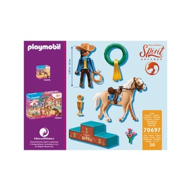 Playmobil Rodeo Pru DreamWorks Spirit set with horse on podium, cowboy figure, lasso hoop, and trophy accessories, multicoloured