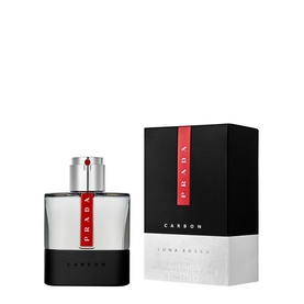 Prada Beauty Luna Rossa Carbon Eau de Toilette 50ml, clear glass bottle with black base and red detail, shown with black and white box