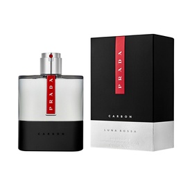 Prada Beauty Luna Rossa Carbon Eau de Toilette 150ml, clear and black flacon with red detail, shown with black gift box