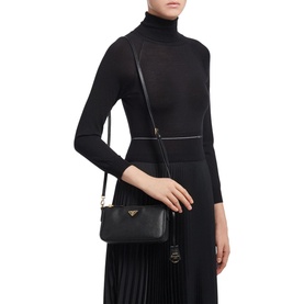 Model carrying Prada Re-Edition 2000 Shoulder Bag in black Saffiano leather, gold-tone triangle logo