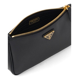 Prada Re-Edition 2000 Shoulder Bag in black Saffiano leather, open showing interior, gold-tone zip and enamelled triangle logo detail