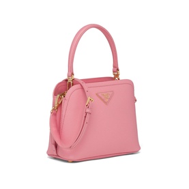 Prada Accessories Matin&eacute;e Saffiano Leather Micro Bag in pink with gold-tone hardware, top handle, and detachable shoulder strap