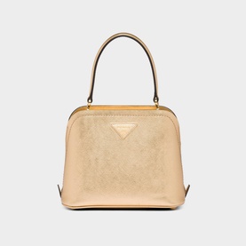 Prada Accessories Matin&eacute;e Saffiano Leather Micro Bag in Grey, gold-tone hardware, single top handle, triangle logo plaque