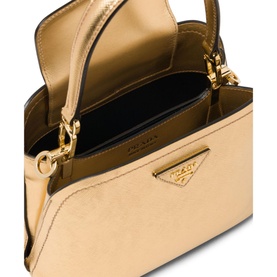 Prada Accessories Matin&eacute;e Saffiano Leather Micro Bag in grey, open top view showing interior, gold-tone hardware and triangle logo