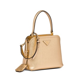 Prada Accessories Matin&eacute;e Saffiano Leather Micro Bag in grey with gold hardware, top handle, triangle logo, and detachable shoulder strap