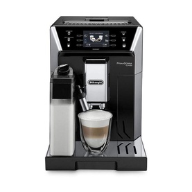 Delonghi Primadonna Class Bean to Cup Machine in black and silver with integrated milk frother and glass cup of latte
