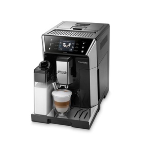 Delonghi Primadonna Class Bean to Cup Machine in black and silver with touchscreen display and milk carafe, shown with a latte