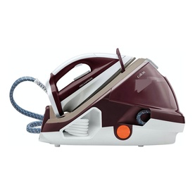 Tefal 2400W Pro Express Steam Generator Iron in burgundy and white with orange dial and blue coiled cord