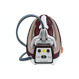 Tefal 2400W Pro Express Steam Generator Iron in burgundy and white, with blue steam hose and control panel, side view