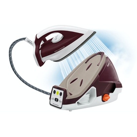 Tefal 2400W Pro Express Steam Generator Iron in burgundy and white, shown with iron detached from base station, steam jets visible
