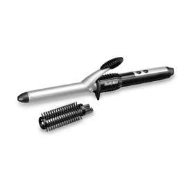 BaByliss Pro Curl Ceramic 19mm Curling Tong in silver and black, shown with detachable brush barrel attachment