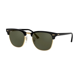 Ray-Ban Clubmaster Square Sunglasses in black with gold-tone upper frame, green lenses, and classic browline silhouette