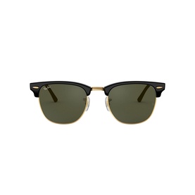 Ray-Ban Clubmaster Square Sunglasses in black with gold-tone lower frame, green lenses, and browline detailing