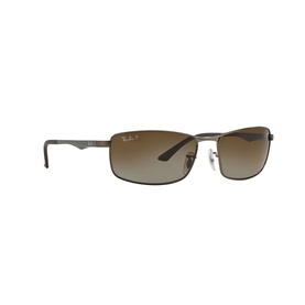 Ray-Ban RB3498 sunglasses in matte gunmetal grey, rectangular metal frame with brown gradient polarised lenses
