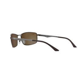 Ray-Ban RB3498 sunglasses in grey, rectangular metal frame with brown temple arms, shown from rear three-quarter angle