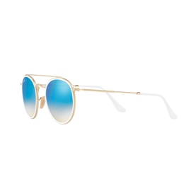 Ray-Ban Round Sunglasses RB3647N 51 in gold with blue mirrored lenses, white temple arms and double bridge detail