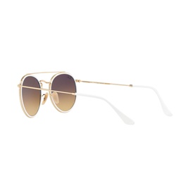 Ray-Ban Round Sunglasses RB3647N 51 in gold, with double bridge, white temples and gradient brown lenses, angled rear view