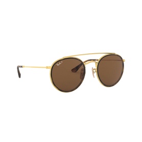 Ray-Ban RB3647N Round Sunglasses in gold-tone metal with double bridge and dark brown lenses, three-quarter view