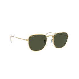 Ray-Ban Frank Square Sunglasses in gold metal frame with green lenses, three-quarter angle view