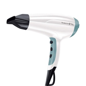 Remington 2300W Shine Therapy Hair Dryer in white and teal with concentrator nozzle attachment and ergonomic handle