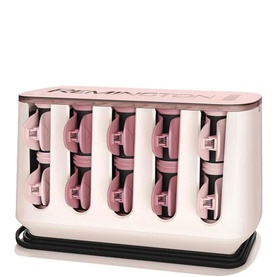 Remington Proluxe Heated Rollers in cream and rose pink, featuring multiple barrel rollers with clips in a compact storage unit