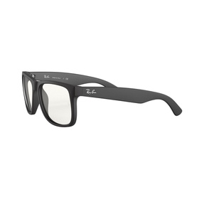 Ray-Ban Justin Square Sunglasses in matte black with clear lenses, thick wayfarer-style frame, angled product view