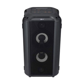 LG RL4 Bluetooth Speaker in black, tall tower design with dual woofers and top-mounted controls