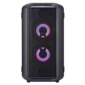 LG RL4 Bluetooth Speaker in black with dual woofers and purple LED ring lighting, tower design with carry handles
