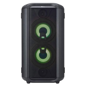 LG RL4 Bluetooth Speaker in black, front view showing dual woofers with green LED lighting rings