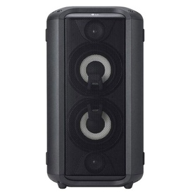 LG RL4 Bluetooth Speaker in black, tall tower design with dual woofers and carry handles, front-facing view
