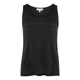 Reiss Riley Silk Front Vest Top in black with scoop neckline, sleeveless relaxed fit, and satin-finish front panel