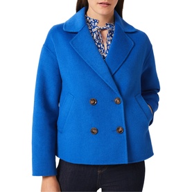 Model wearing Hobbs Rosanna Wool Blend Coat in blue, short double-breasted style with brown buttons and notch lapels, styled with floral blouse