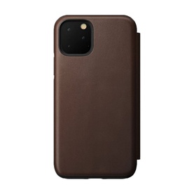 Nomad Rugged Leather iPhone 11 6.1 Folio in brown, showing folio wallet case with smooth leather exterior and gold-tone clasp