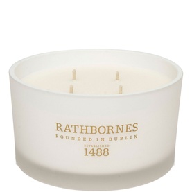 Rathbornes Dublin Tea Rose Luxury Candle in frosted white glass with four wicks and gold brand lettering
