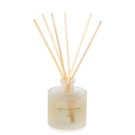 Rathbornes Bitter Orange Diffuser Candle, frosted glass bottle with natural reed sticks, white background