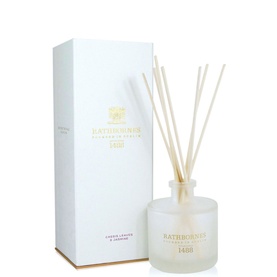 Rathbornes Cassis Leaves & Jasmine Diffuser, frosted glass vessel with gold lettering and natural reed sticks, with white gift box