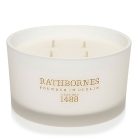 Rathbornes Cedar, Cloves and Ambergris Luxury Candle in frosted white glass vessel with three wicks and gold logo detail