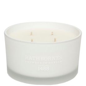 Rathbornes Dublin Dawn Luxury Candle in frosted white glass vessel with four wicks