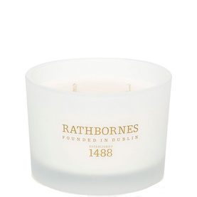 Rathbornes White Pepper Classic Candle in frosted white glass vessel with multiple wicks and gold brand lettering