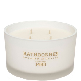 Rathbornes Wild Mint & Watercress Luxury Candle in cream frosted glass vessel with three wicks and gold logo lettering