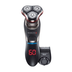 Remington R9 Ultimate Series Rotary Shaver in dark grey with red accents, three rotary heads, LED battery display and trimmer attachment