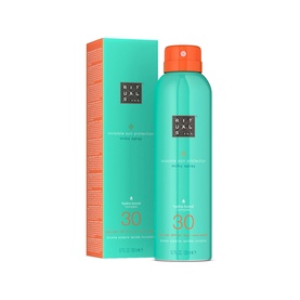 Rituals Sun Care Karma SPF30 body spray in teal bottle with orange cap, shown alongside matching teal and orange packaging box