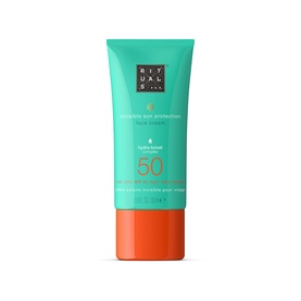Rituals Ritual Sun Care Karma SPF50 face cream in teal tube with orange cap, invisible sun protection formula