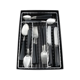 Rockingham Forest Eclipse 24pce Stainless Steel Cutlery Set in black, displayed in gift box with knives, forks and spoons