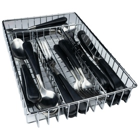 Rockingham Forest Eclipse 24pce Stainless Steel Cutlery Set in black, arranged in a wire storage basket organiser