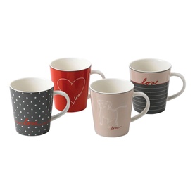 Royal Doulton Ellen DeGeneres Signature Mug Set of 4 in multi, featuring grey polka dot, red heart, pink and striped designs with love motifs