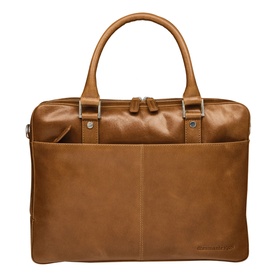 DBramante Rosenborg 14 Inch Laptop Bag in brown leather with twin top handles, zip closure, and front slip pocket