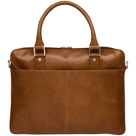 DBramante Rosenborg 14 Inch Laptop Bag in brown leather with twin top handles, silver-tone hardware and detachable shoulder strap